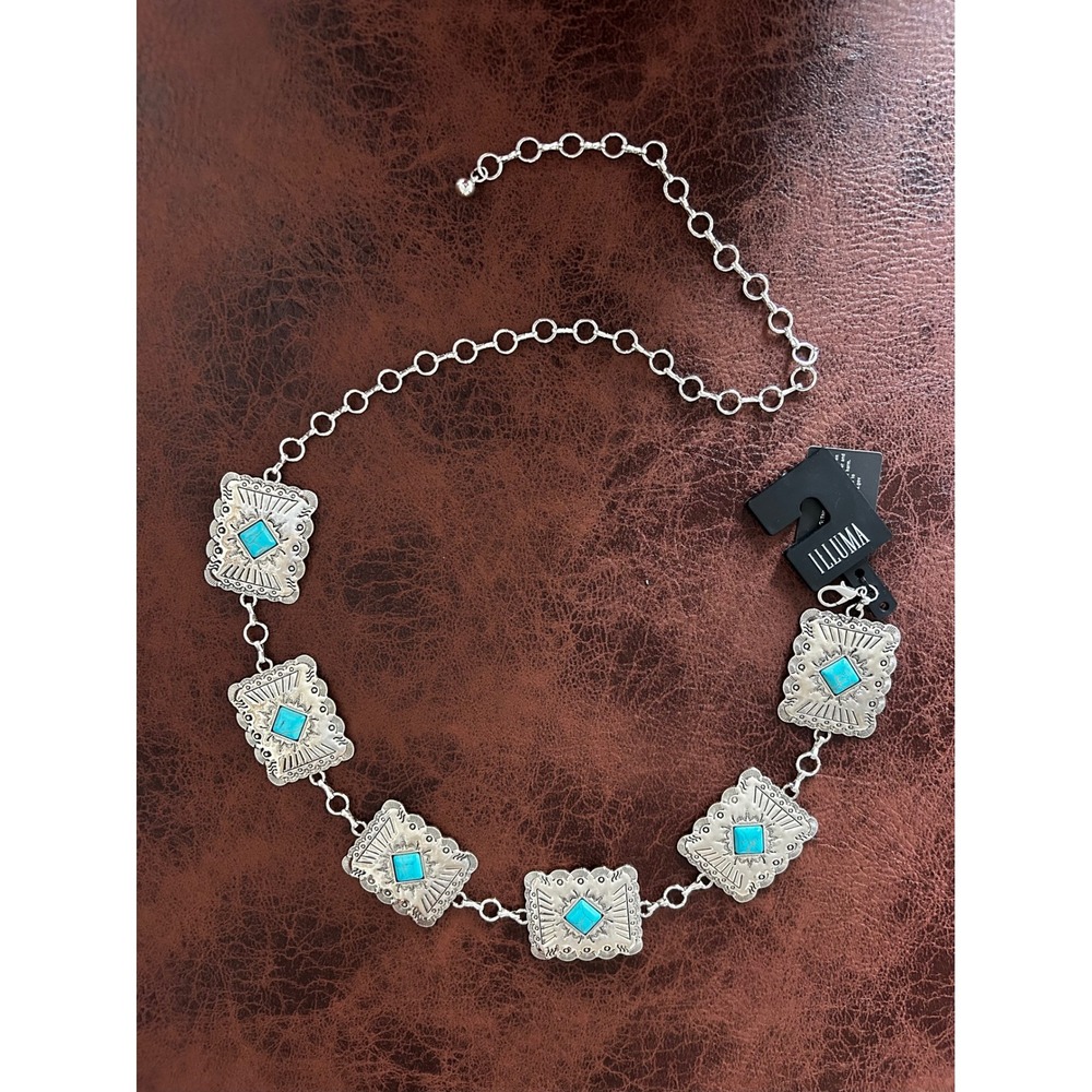 Illuma‎ Womens Silver Tone Turquoise Concho Chain Belt Southwestern Boho S/M